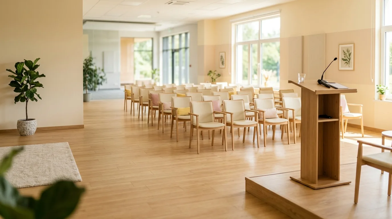 Jasna sala konferencyjna przygotowana na spotkanie dla rodziców i specjalistów