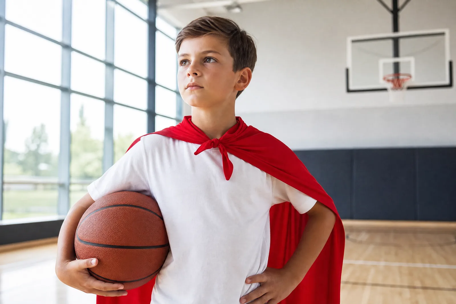 Starszy uczeń w pelerynie superbohatera w sali gimnastycznej — szkoła SUPERKIDS